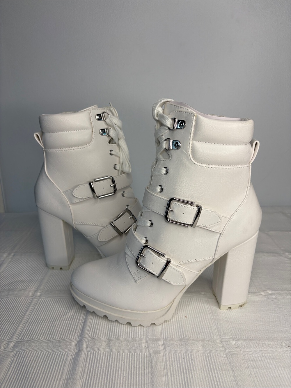 White Faux Leather Platform Block Heel Ankle Boots with Buckle Straps 4” Heel